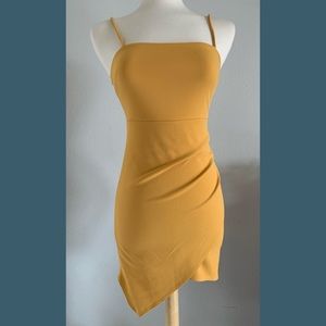 Asymmetrical Mini Spaghetti Strap Rouched Dress, Mustard